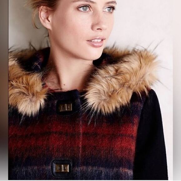 Elevenses Wool blend Hooded Coat with Detachable Faux Fur Tartan Sz XSMALL - Picture 2 of 16